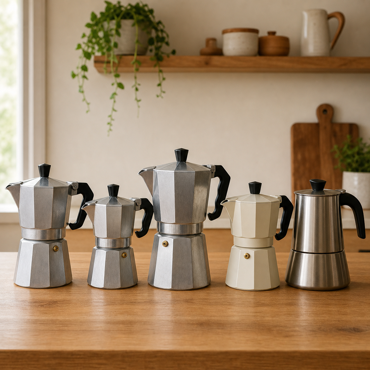 Five moka pots lined up from classic aluminum to brushed stainless steel