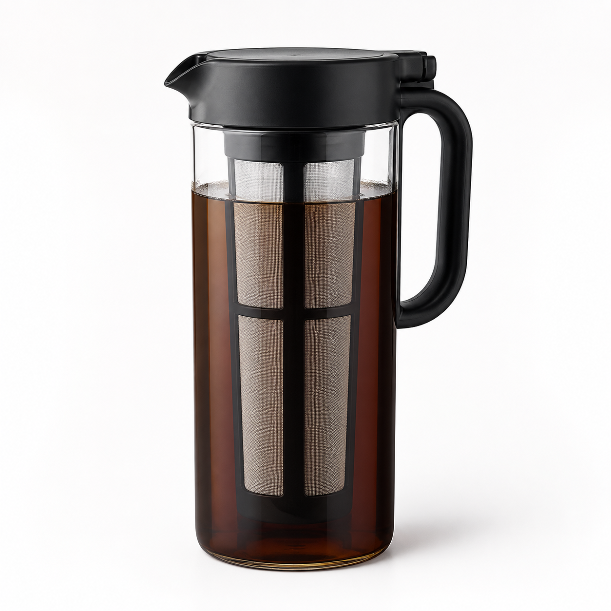 Black airtight cold brew pitcher with a tall inner mesh filter — our recommended beginner cold brew maker