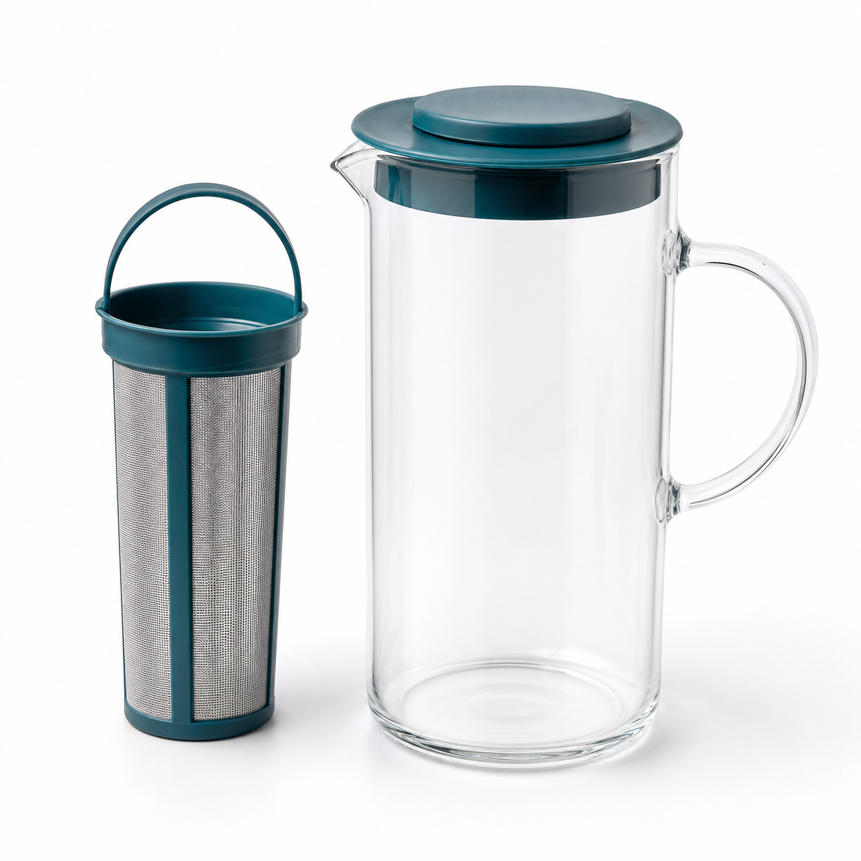 Glass cold brew coffee pot with a colored lid and lift-out mesh filter basket