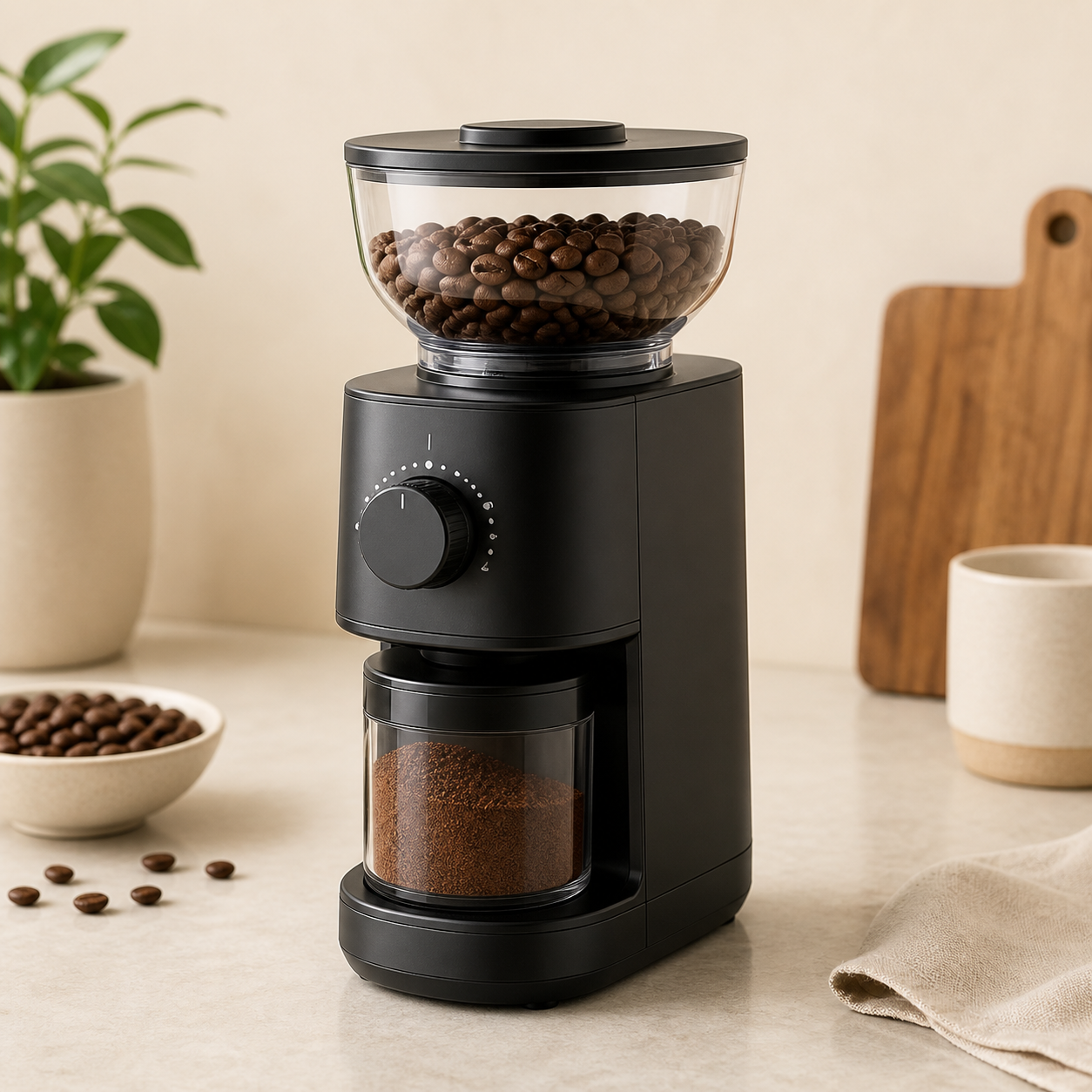 Compact black electric conical burr coffee grinder with a bean hopper on top