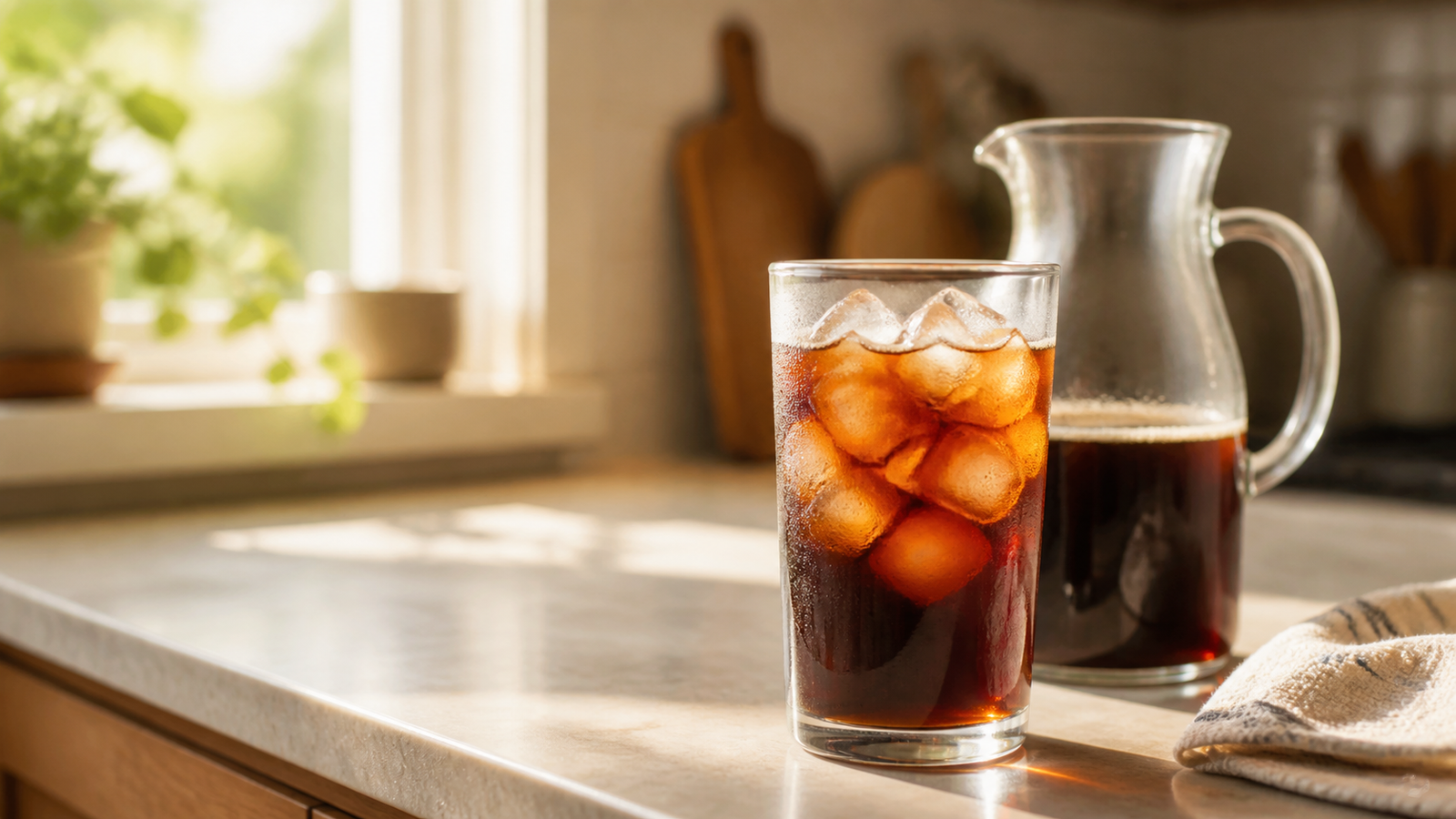 A tall glass of cold brew over ice on a sunny kitchen counter with a cold brew pitcher behind