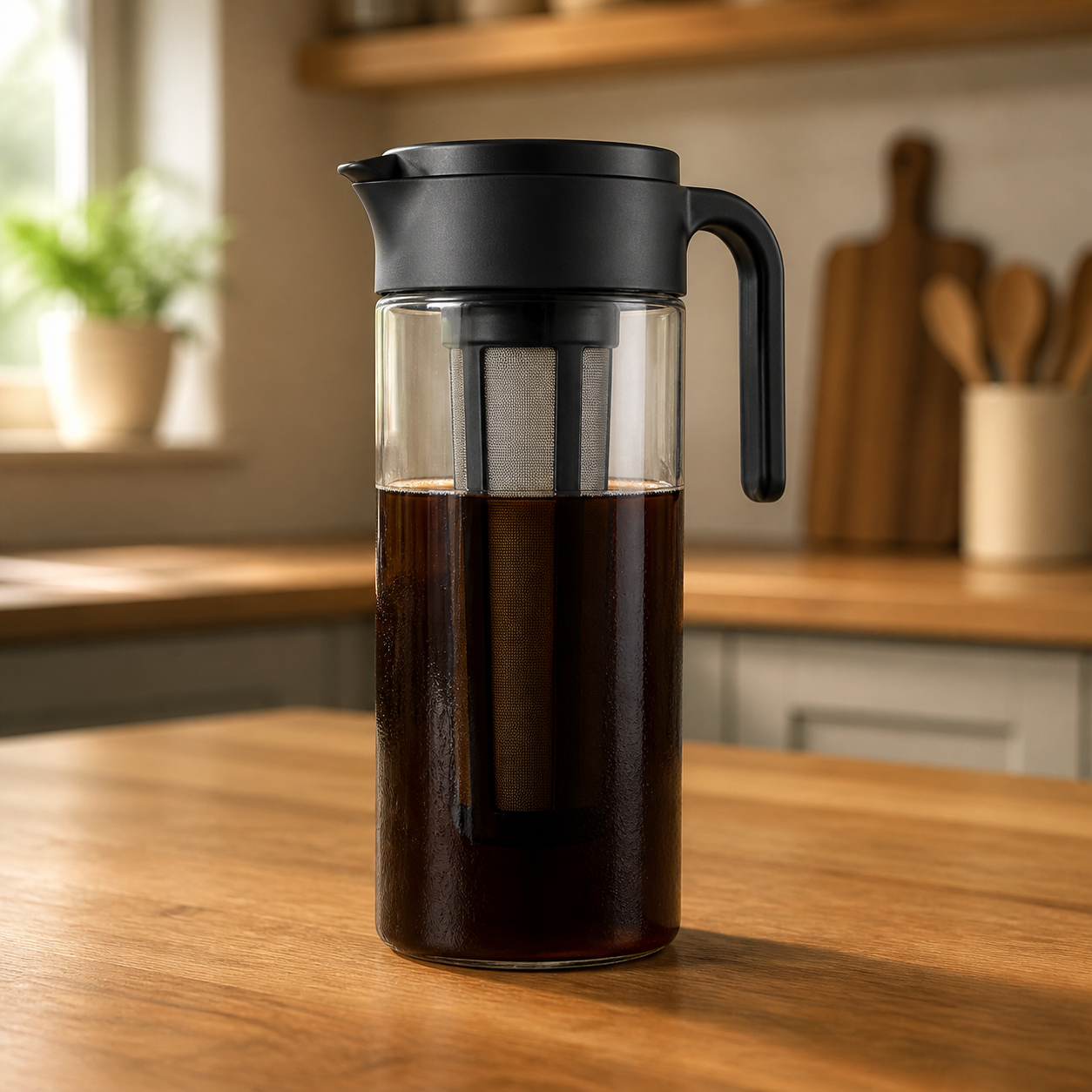 Airtight cold brew pitcher with a tall inner mesh filter on a kitchen counter