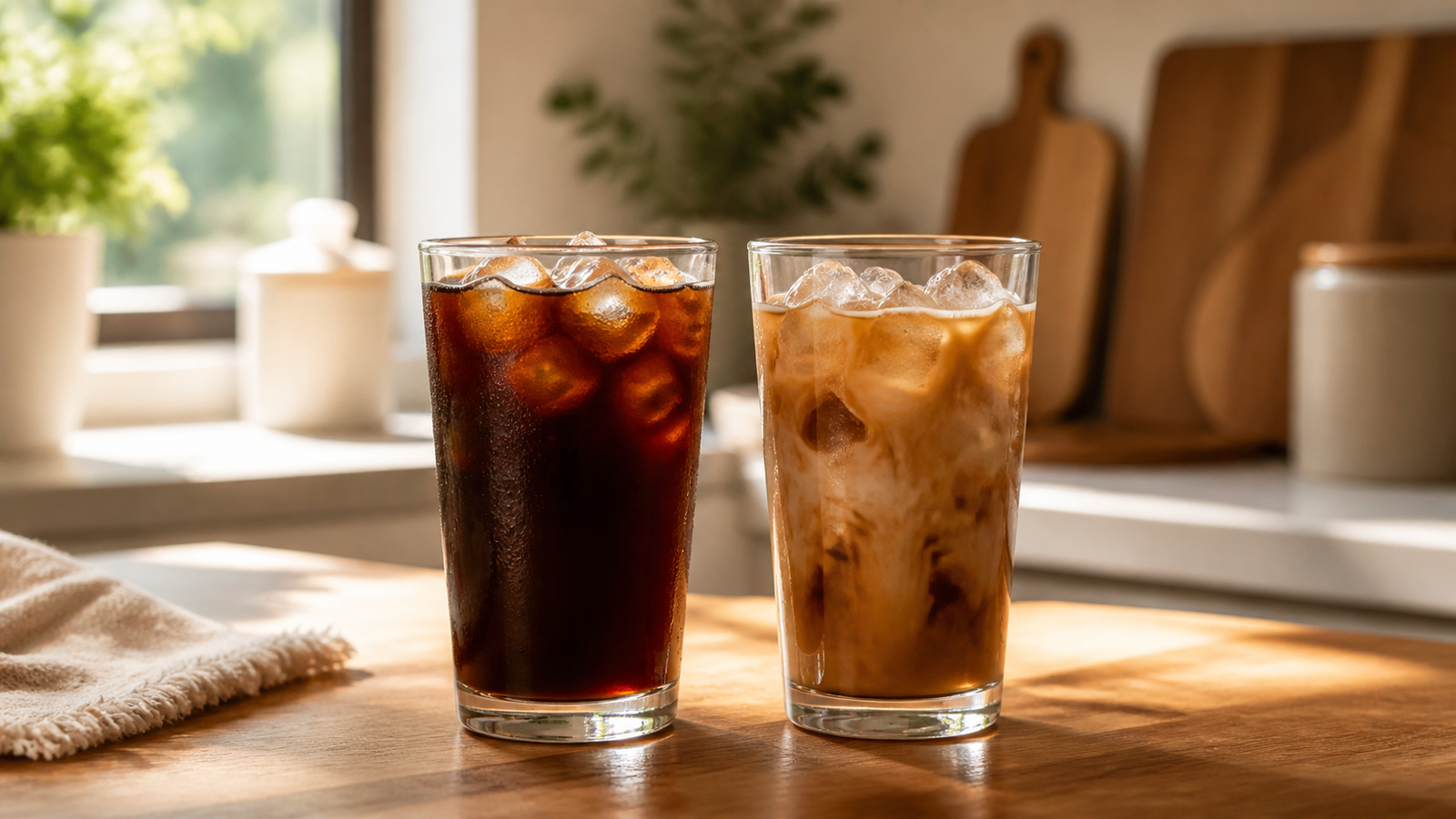 Two glasses of cold coffee side by side comparing cold brew and iced coffee