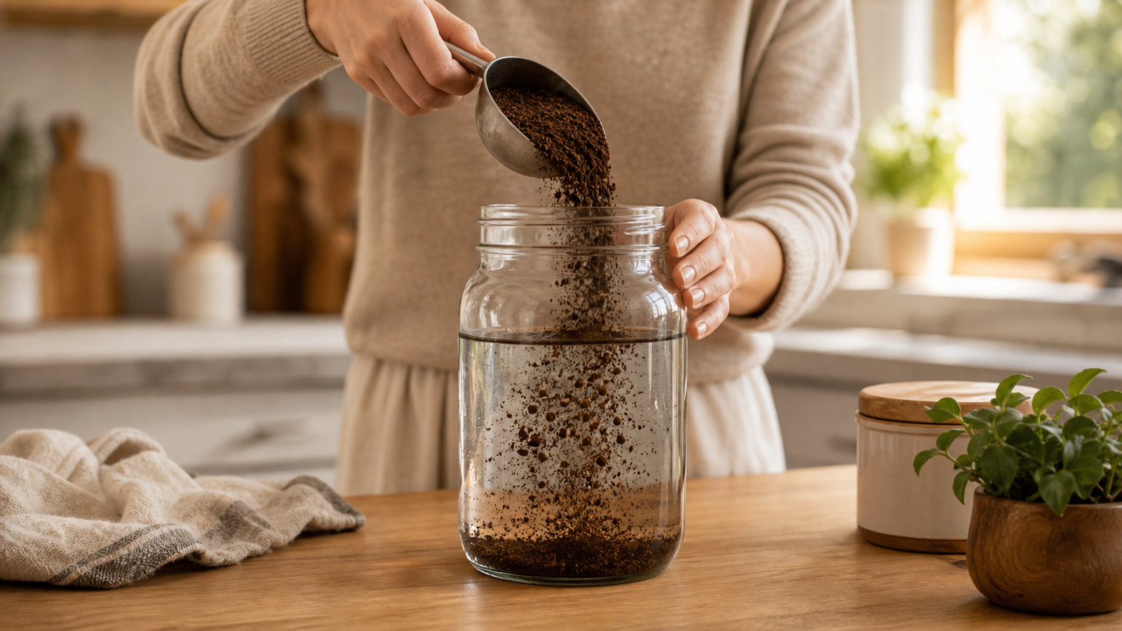 Hands pouring coarse coffee grounds into a large glass jar of water