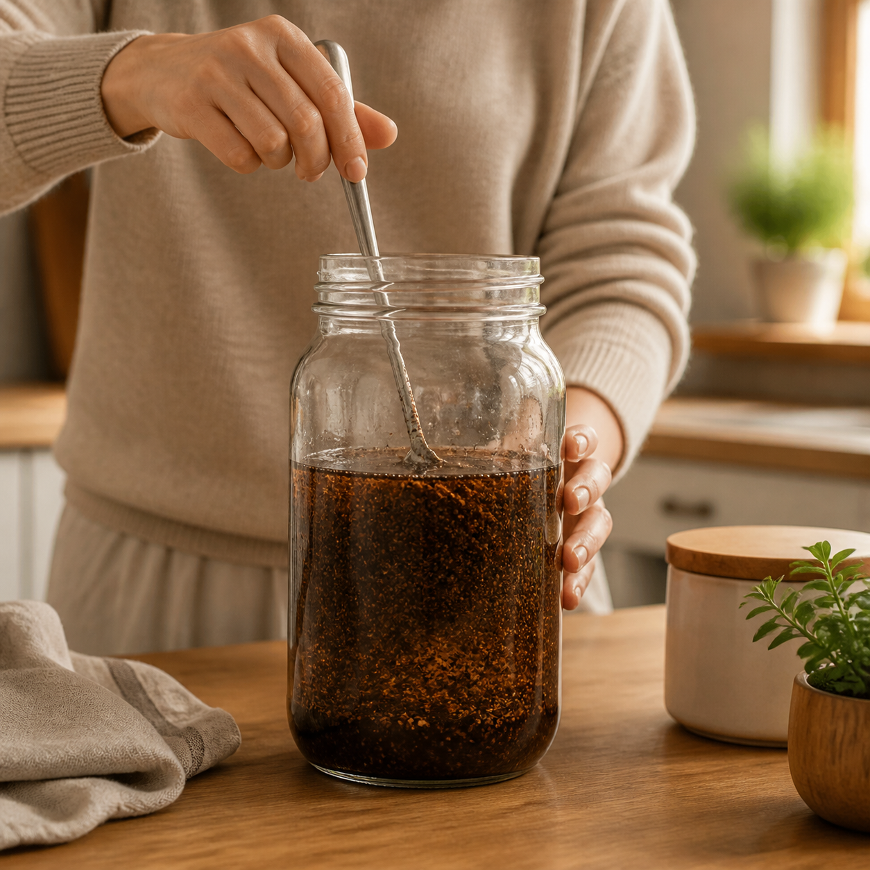 A spoon stirring coffee grounds into water in a large mason jar