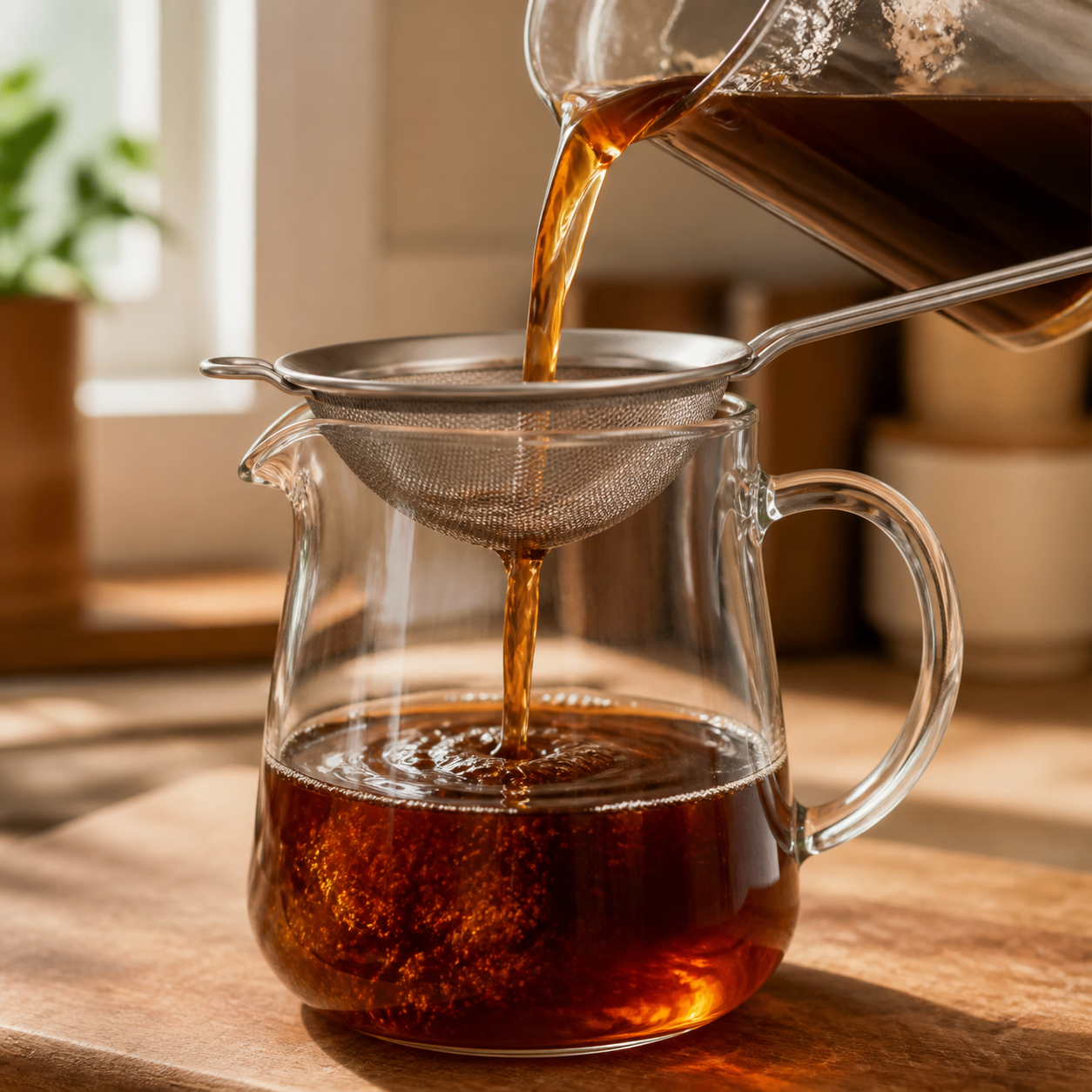 Cold brew poured through a fine mesh strainer into a clean glass pitcher