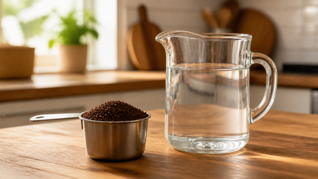 A measuring cup of coarse coffee grounds next to a pitcher of water