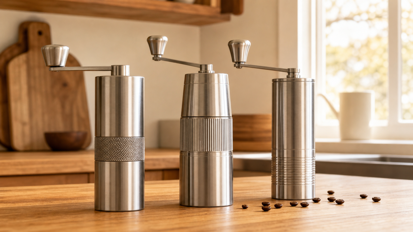 Three stainless steel hand coffee grinders with no plastic on a wood kitchen counter