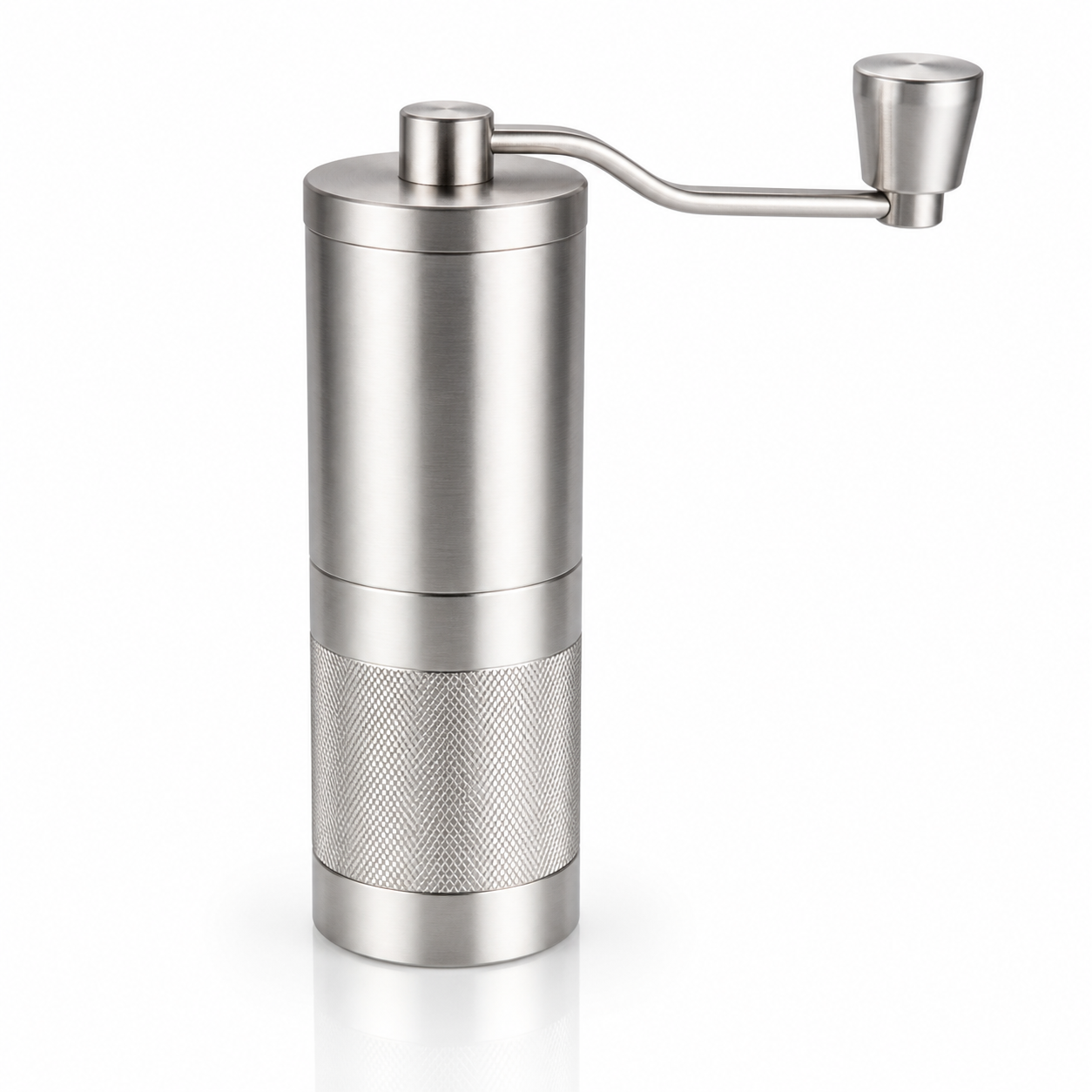 All-metal hand coffee grinder with stainless steel burrs on a white background