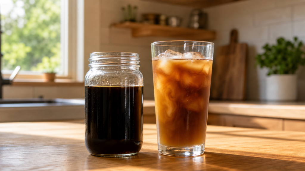 A jar of cold brew concentrate beside a glass of diluted iced coffee