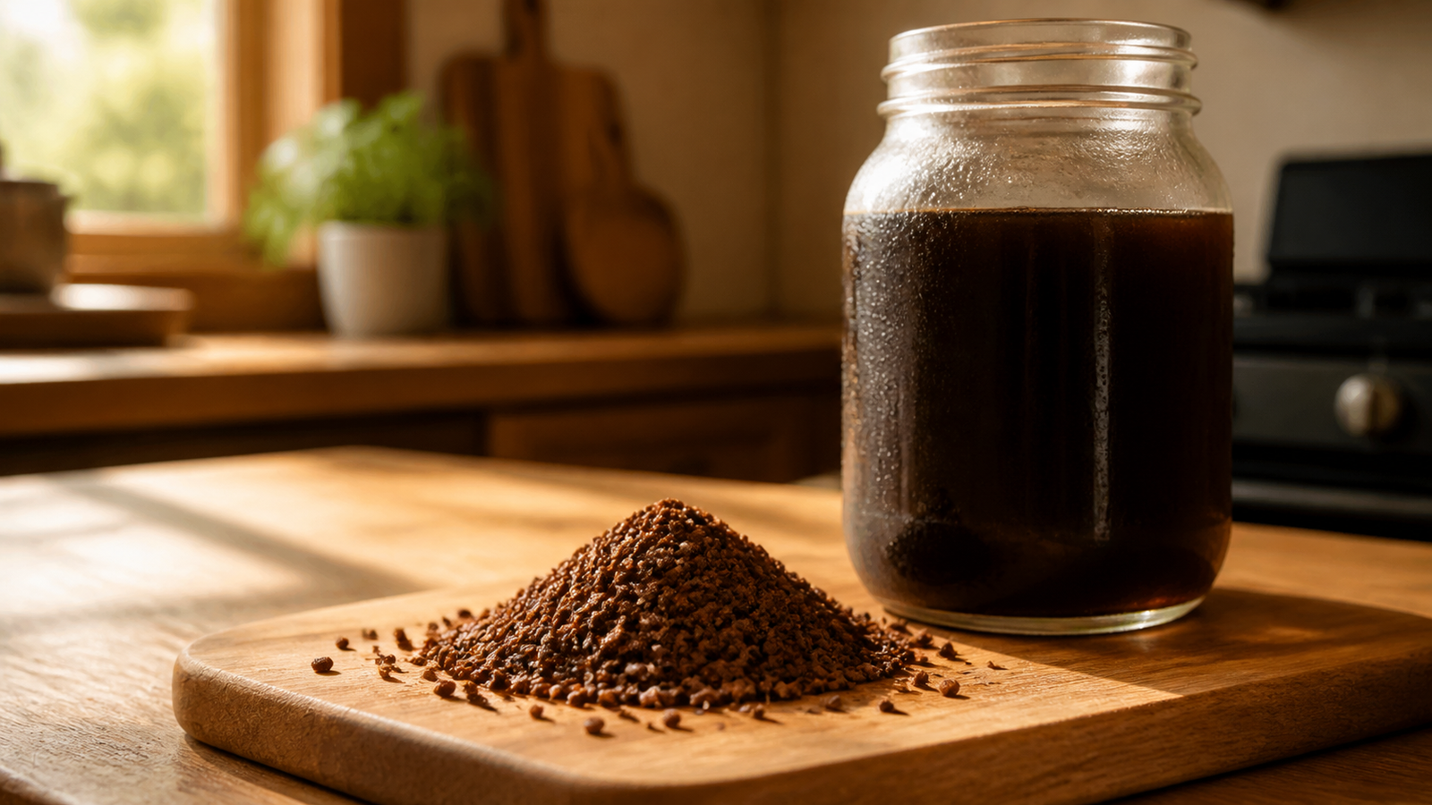 Coarse ground coffee for cold brew on a wooden board beside a jar