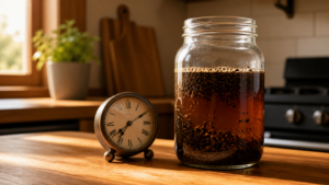 A jar of cold brew steeping on a counter next to a clock