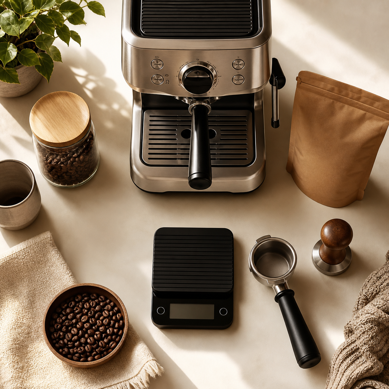Flat-lay of espresso essentials: a machine, burr grinder, fresh whole beans, a scale, tamper, and portafilter