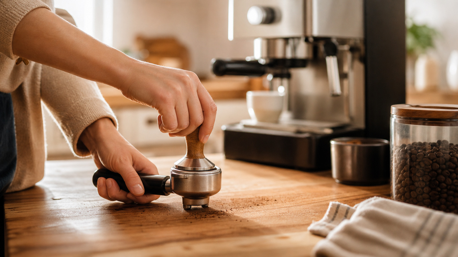 Hands tamping fresh ground coffee into a portafilter on a wood kitchen counter