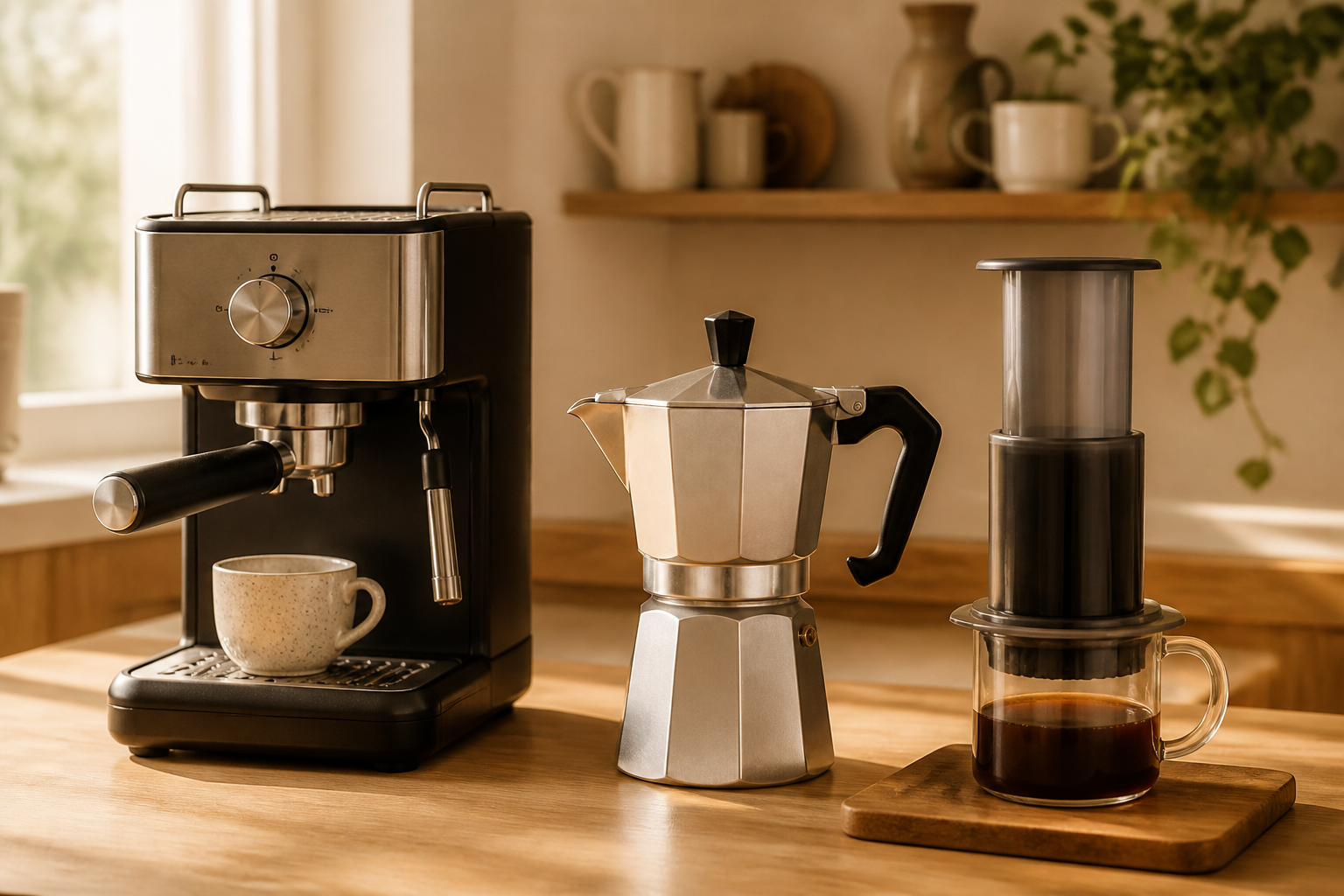 Three home espresso options side by side: an espresso machine, a moka pot, and an AeroPress