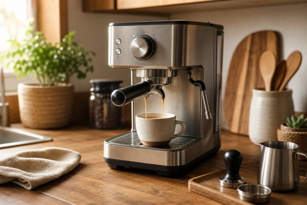 Compact stainless steel espresso machine pulling a shot on a warm home kitchen counter