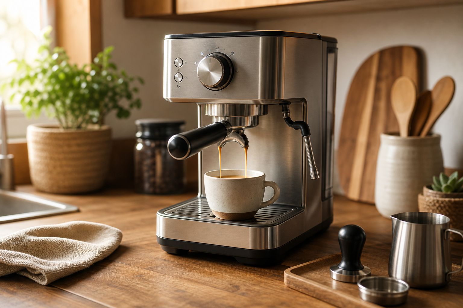 Compact stainless steel espresso machine pulling a shot on a warm home kitchen counter