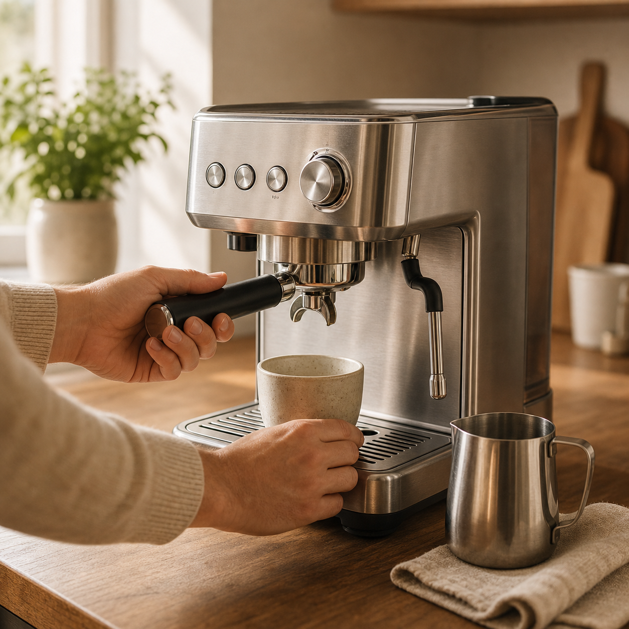 Classic espresso machine with a commercial-style 58mm portafilter locked in, ready to pull a shot