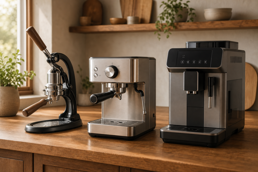 Manual lever, semi-automatic, and super-automatic espresso machines lined up on a kitchen counter