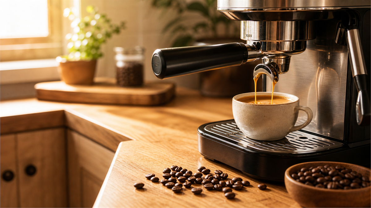 Home espresso setup on a warm wood kitchen counter with a compact machine pulling a shot with crema