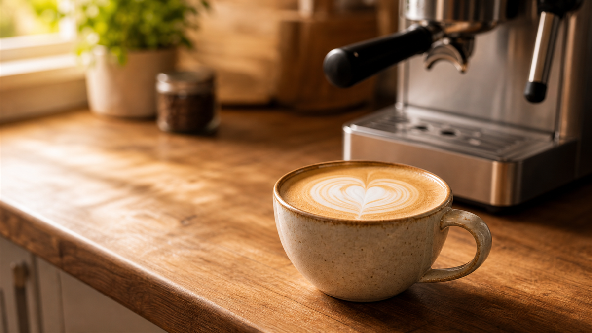 A homemade latte with simple latte art in a ceramic cup on a wood counter