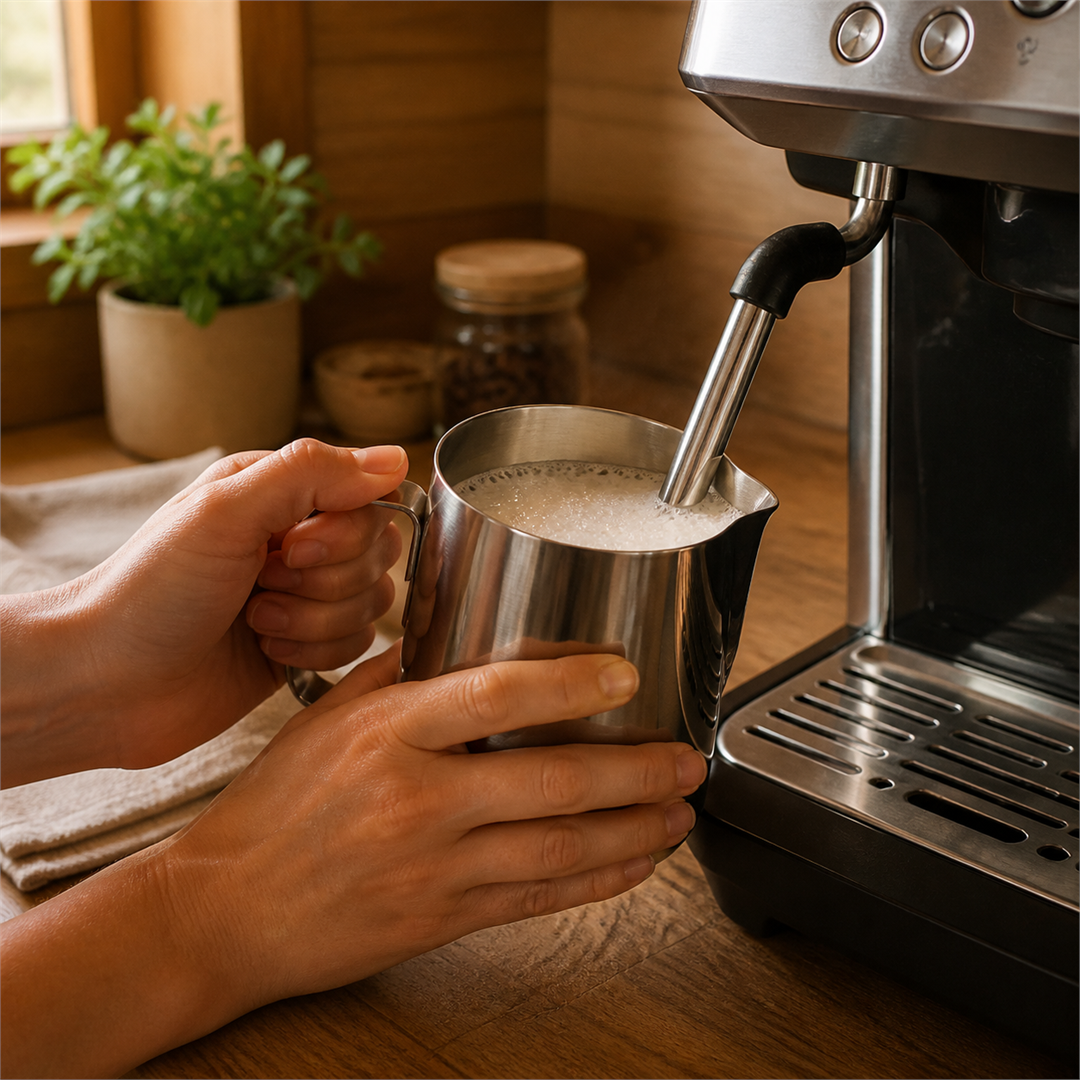 A milk pitcher under an automatic steam wand on a compact espresso machine with creamy microfoam