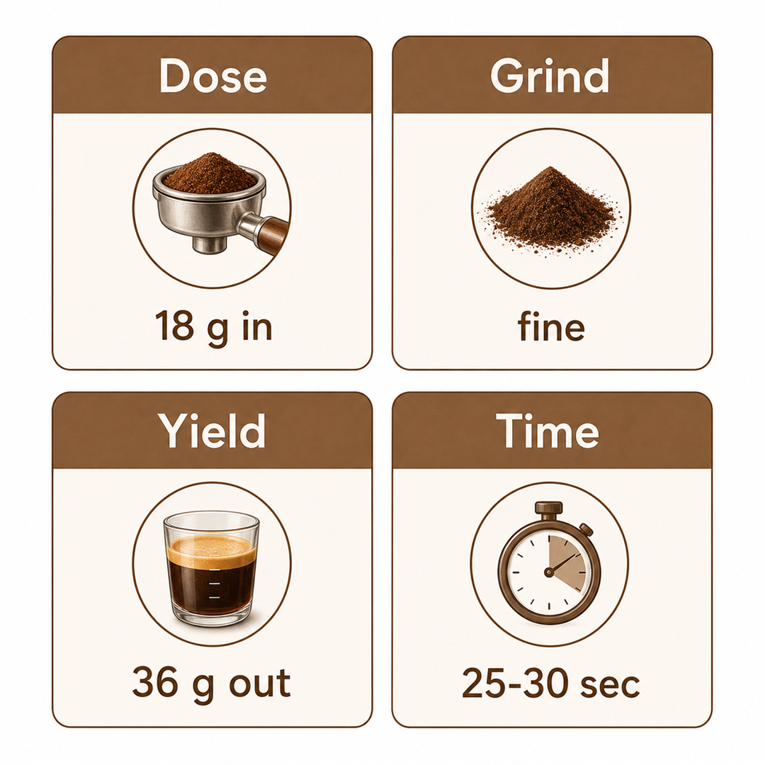 Infographic of the four espresso variables: dose, grind, yield, and time