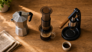 A moka pot, an AeroPress, and a small manual lever espresso maker on a wood counter with a cup of dark coffee