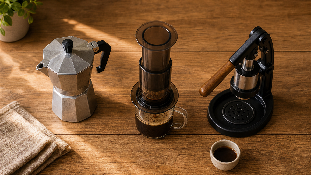 A moka pot, an AeroPress, and a small manual lever espresso maker on a wood counter with a cup of dark coffee