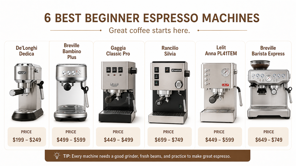 Comparison infographic of six beginner espresso machines under $500 with price labels