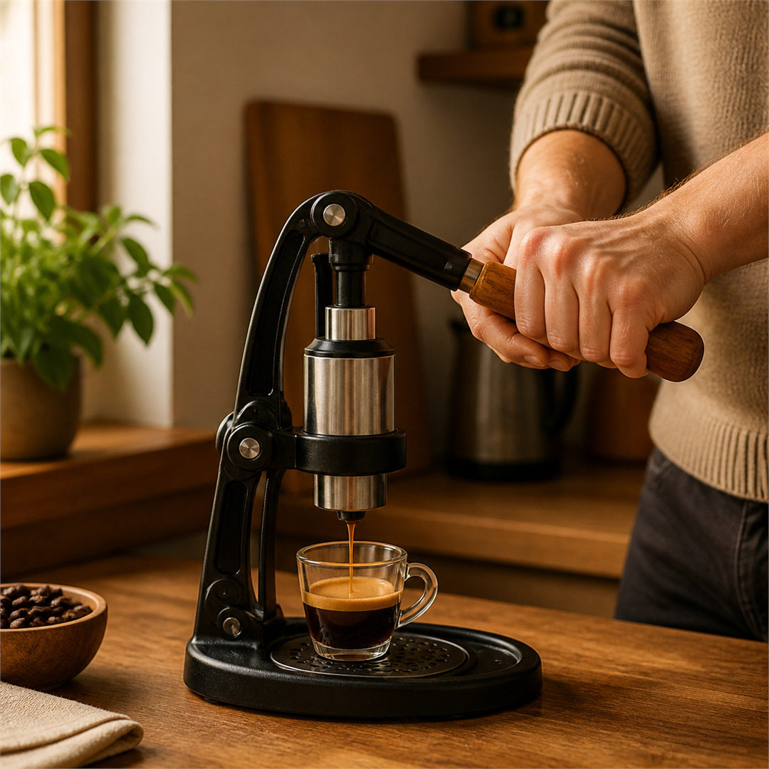 A manual lever espresso press on a wood counter pulling a shot with crema