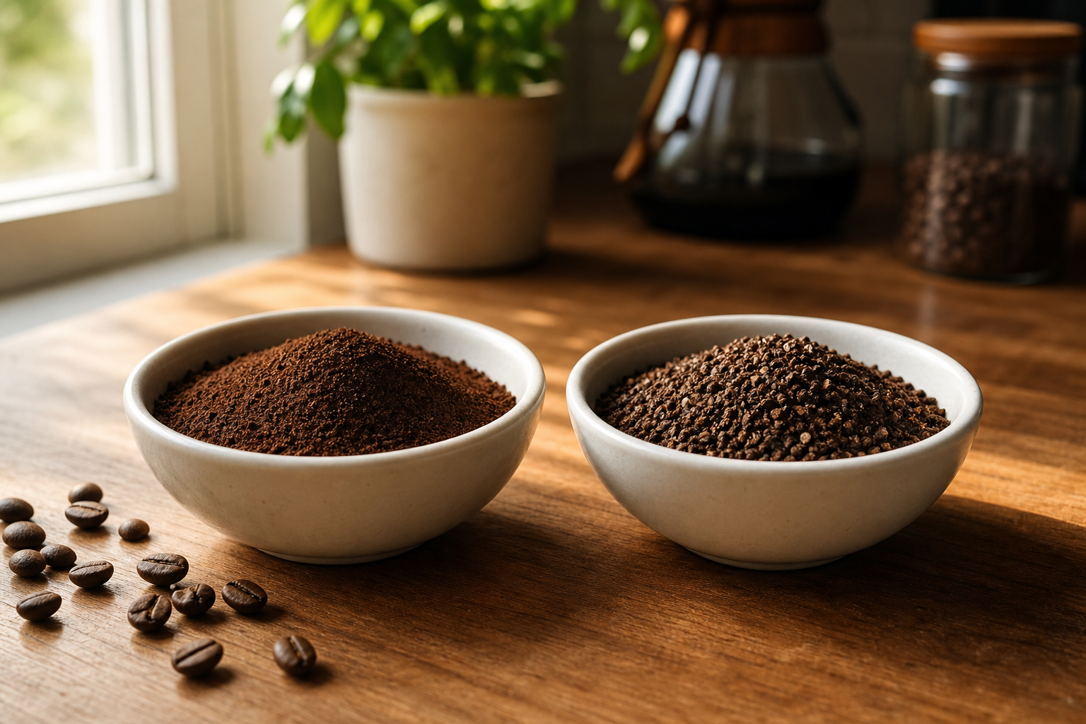 Espresso grind size compared with drip coffee grind size in two bowls on a wood counter