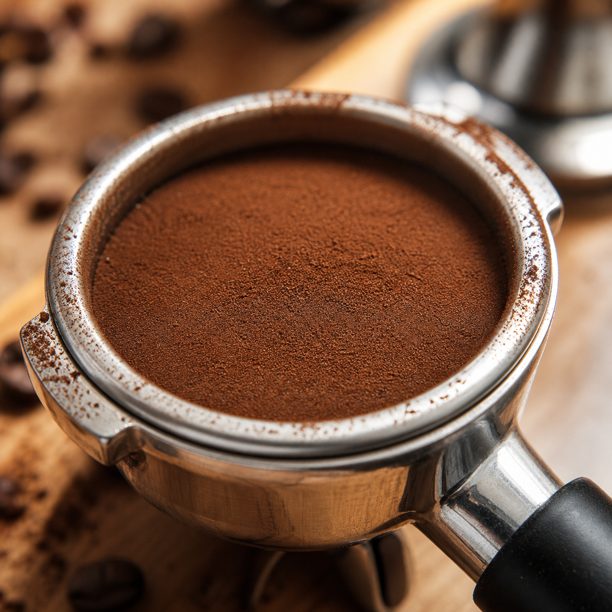 Freshly tamped espresso puck showing the fine grind size in a portafilter