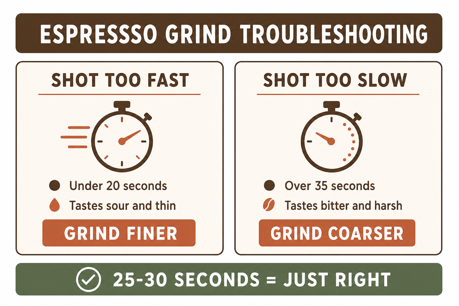 Espresso grind size troubleshooting chart showing when to grind finer or coarser