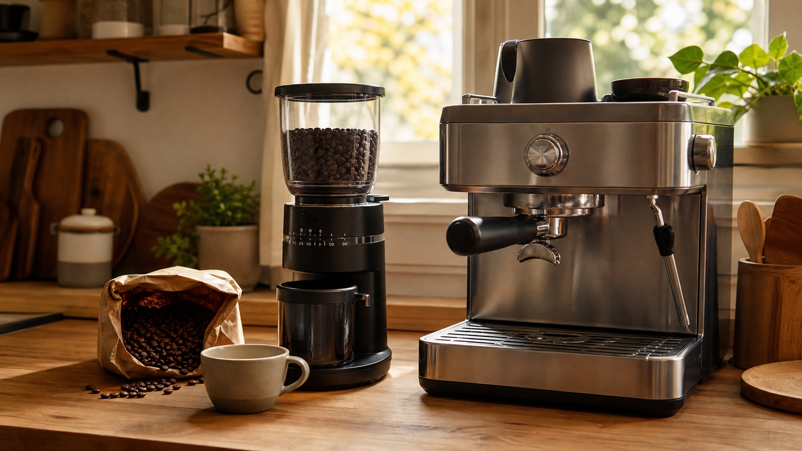 A home espresso machine next to a burr grinder on a kitchen counter
