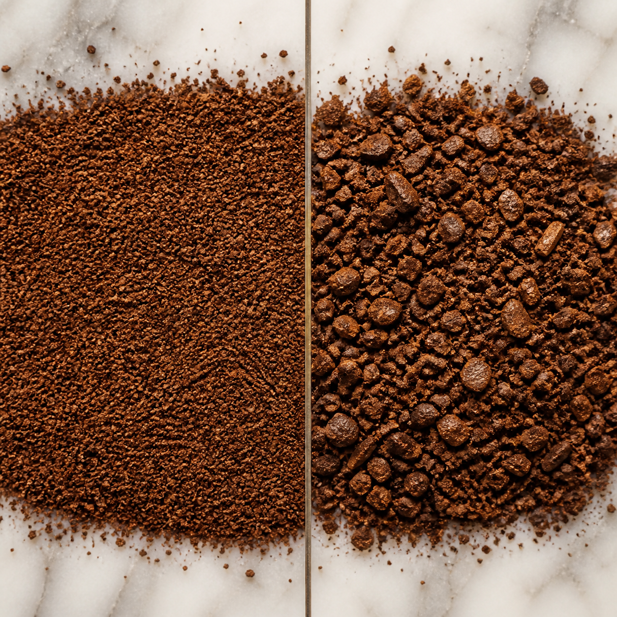 Consistent espresso grounds compared with uneven grounds containing dust and chunks
