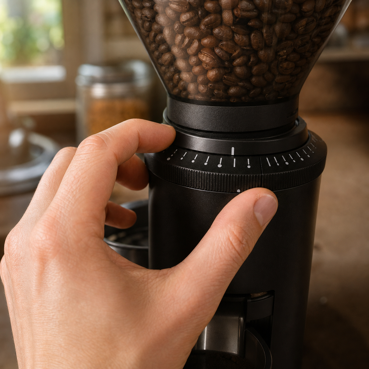 A hand adjusting the grind setting collar on a burr coffee grinder