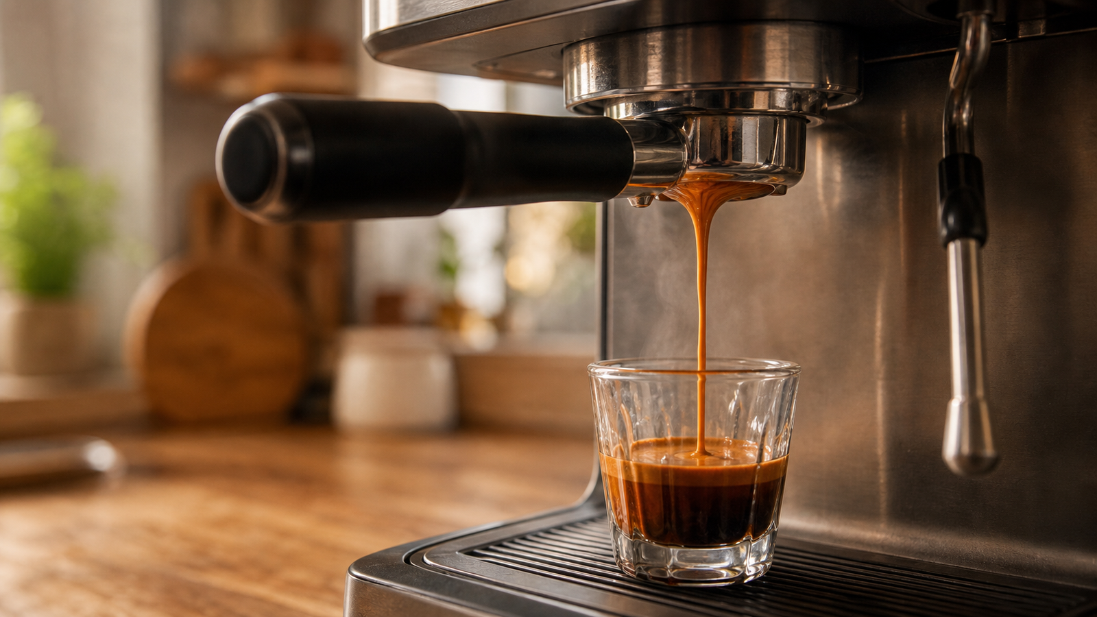An espresso shot being pulled into a glass on a home espresso machine