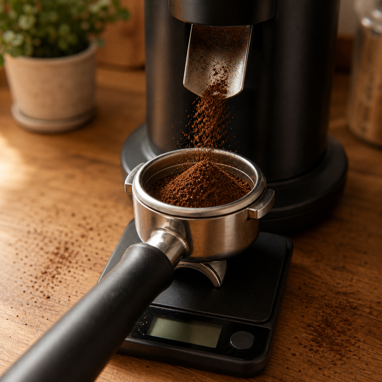 Weighing 18 grams of ground coffee into a portafilter on a digital scale
