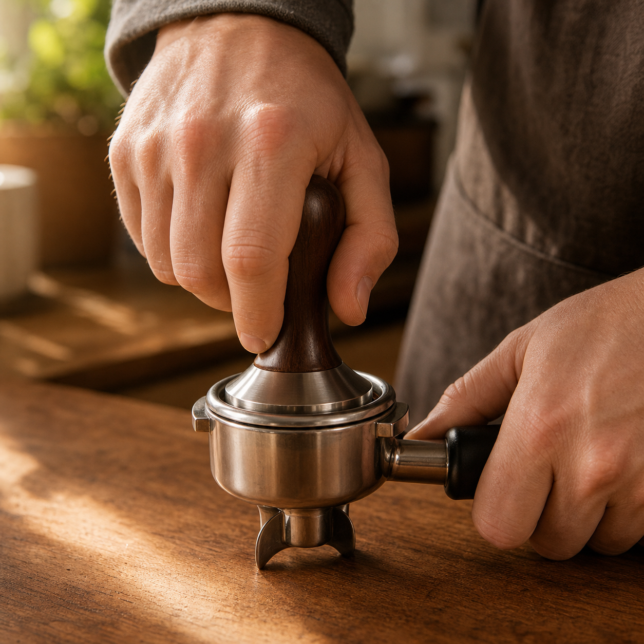 Hands tamping espresso grounds level in a portafilter on a wooden counter