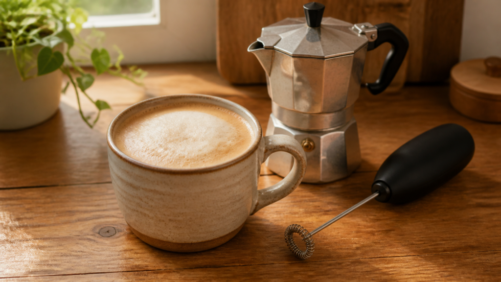 A homemade latte in a mug beside a moka pot and a milk frother on a kitchen counter