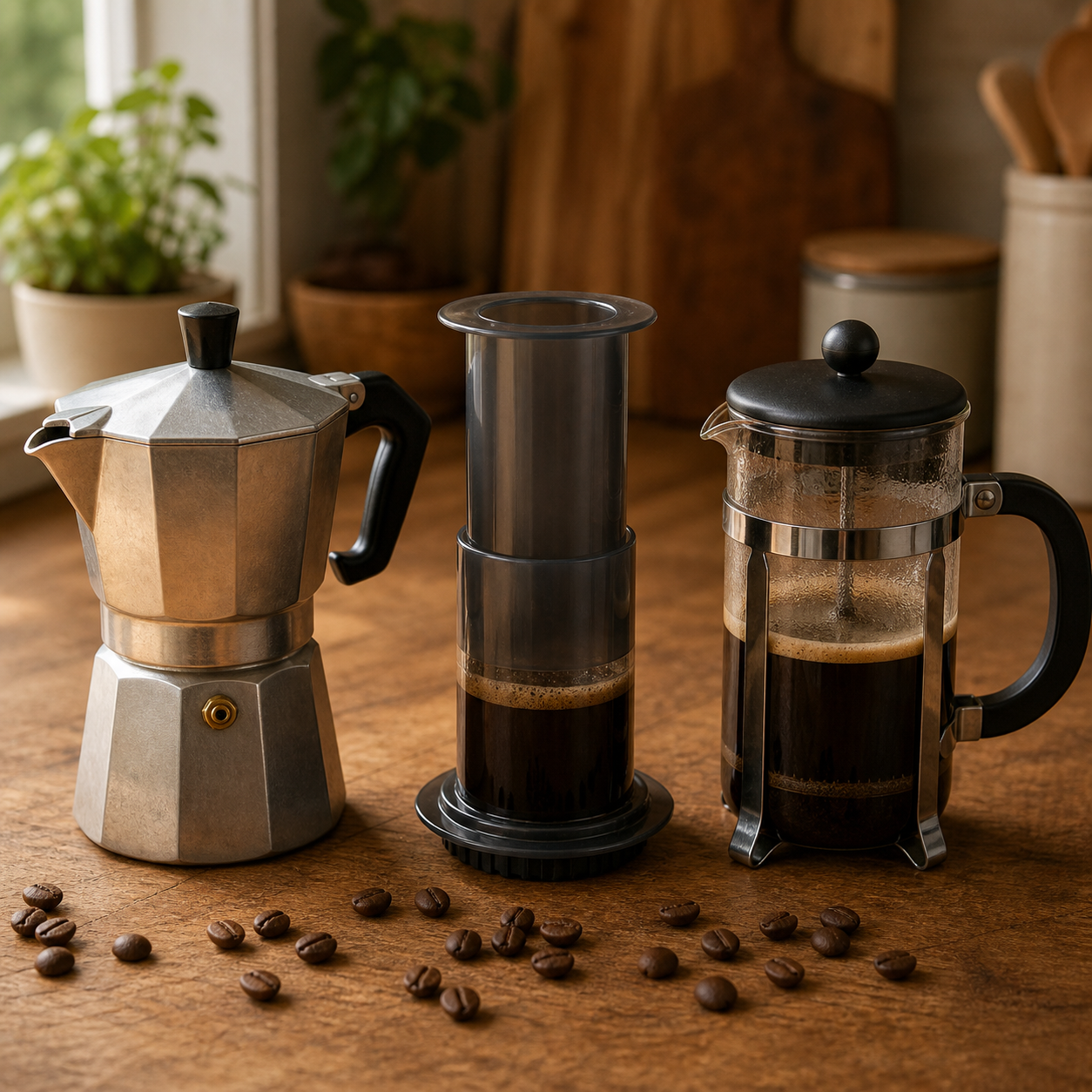A moka pot, an AeroPress, and a French press lined up as strong coffee bases for a latte