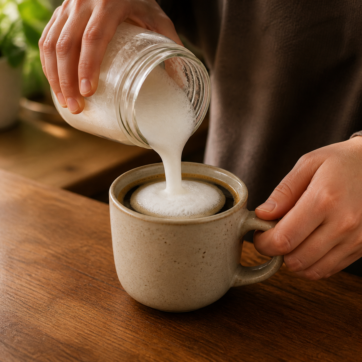 Pouring frothed milk from a jar into a mug of dark coffee to make a latte