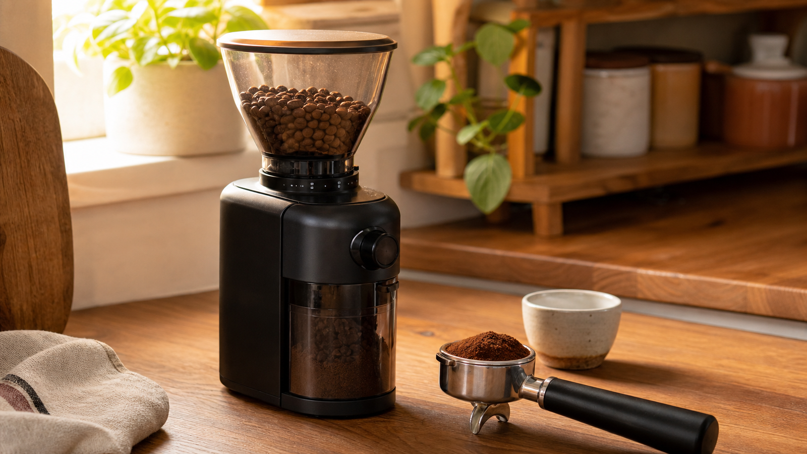 A beginner espresso grinder beside a portafilter and freshly ground coffee