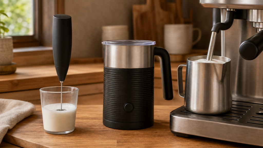 Three types of milk frother side by side: handheld, electric standalone, and steam wand