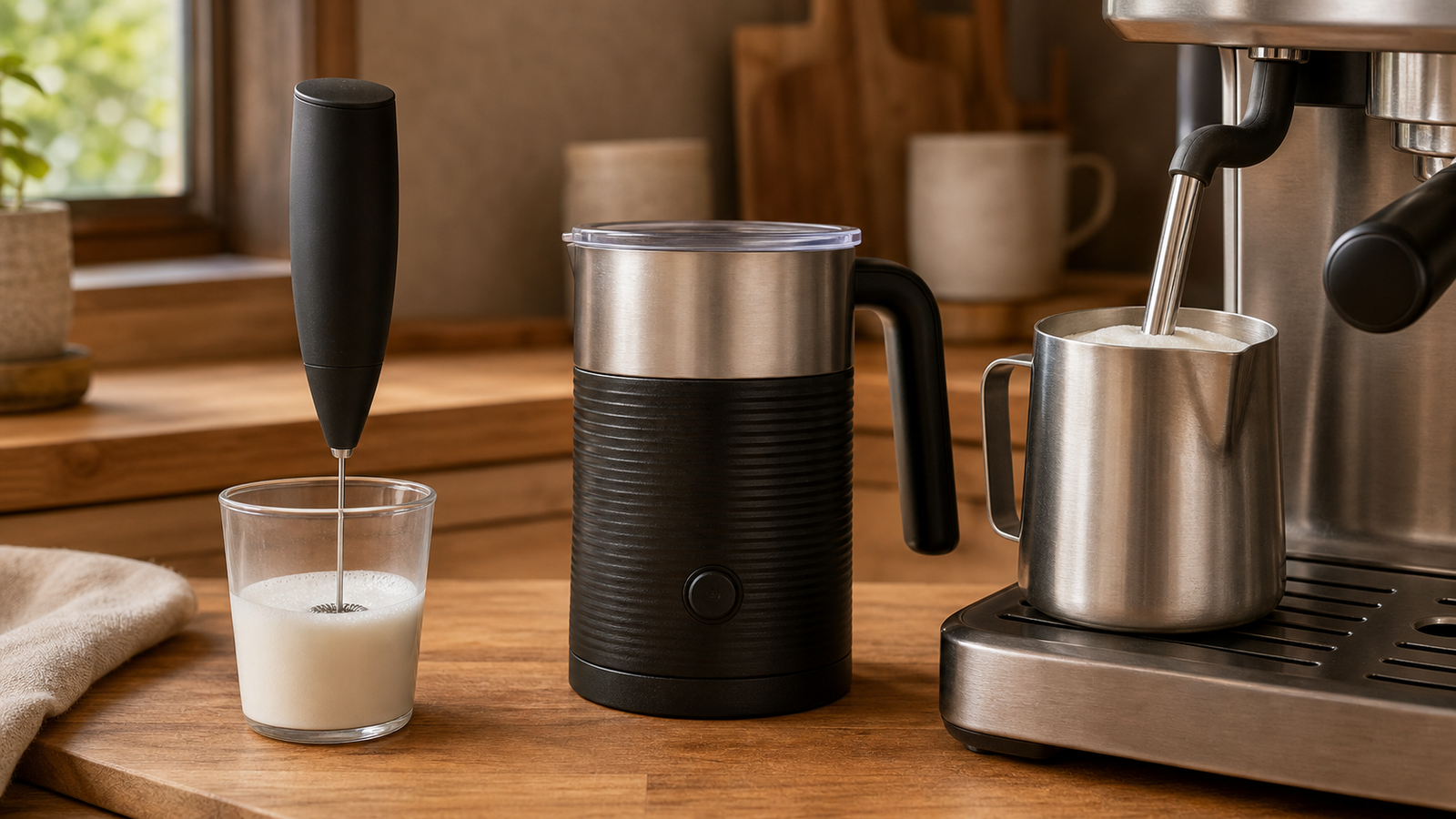 Three types of milk frother side by side: handheld, electric standalone, and steam wand