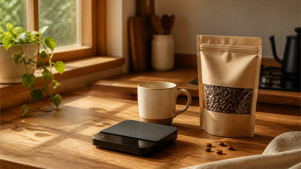 A digital coffee scale on a wood kitchen counter with a mug and coffee beans — the best coffee scale for beginners