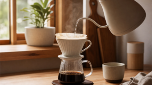 An electric gooseneck kettle pouring over a pour-over dripper — the best gooseneck kettle for pour over