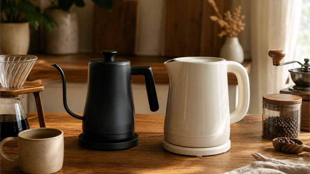 A gooseneck kettle and a regular kettle side by side on a counter — gooseneck kettle vs regular kettle