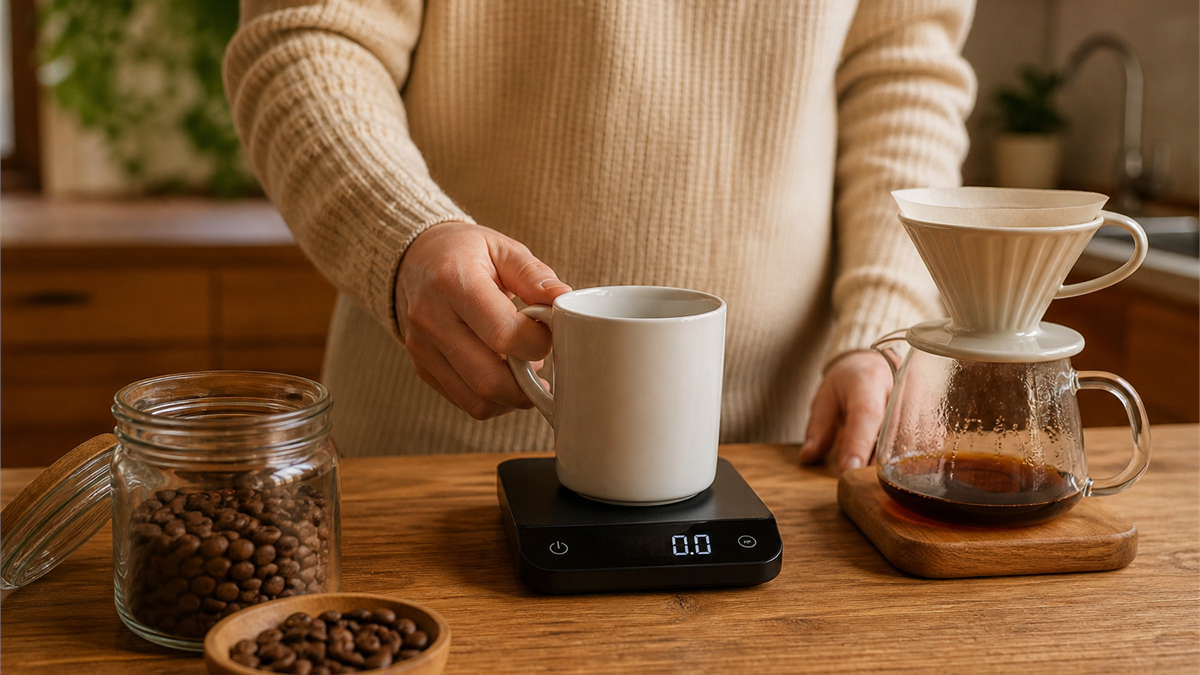 A beginner placing a mug on a digital coffee scale reading zero — how to use a coffee scale